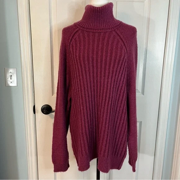 FREE PEOPLE Oversized Big City Turtleneck Sweater Fuchsia Pink Womens M-XL Prep - Picture 2 of 14